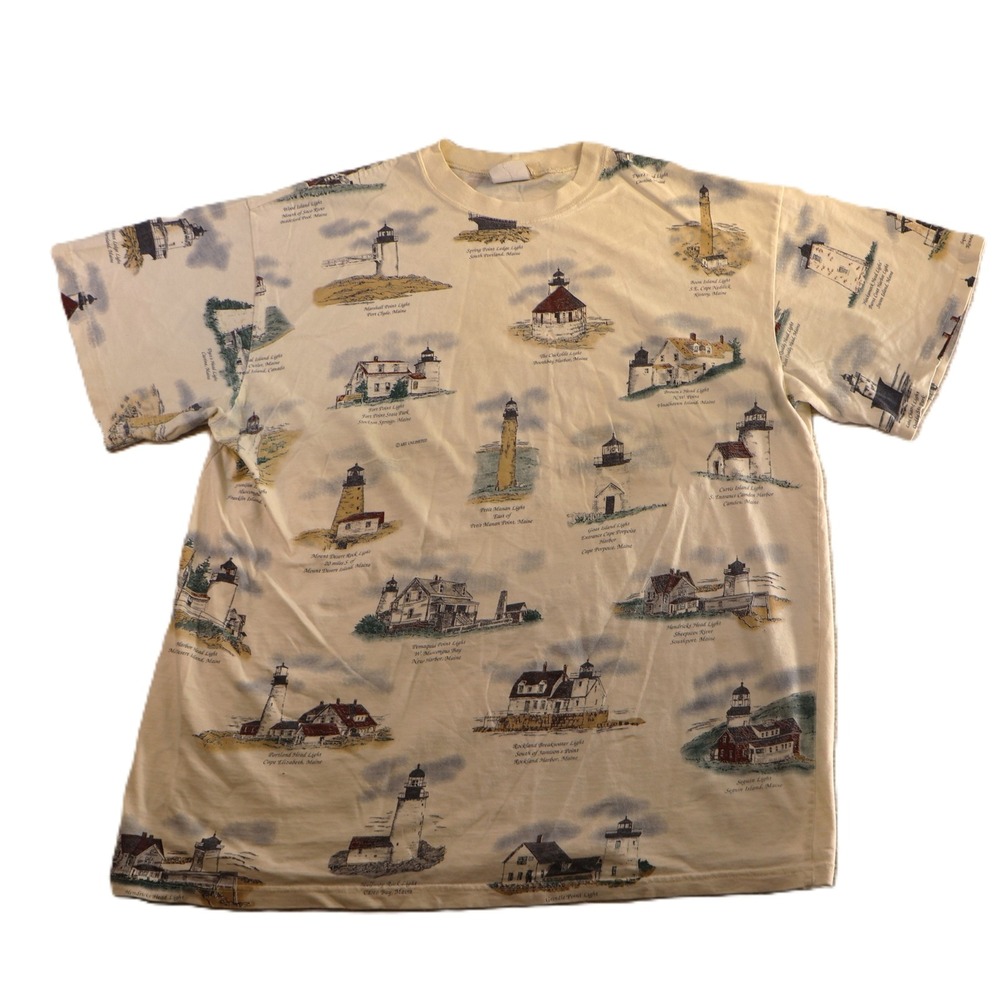 Art Unlimited Mens XL T-Shirt Cream Maine Lighthouses All Over Print Cotton VTG